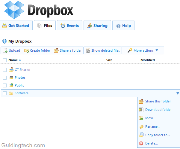 dropbox web interface